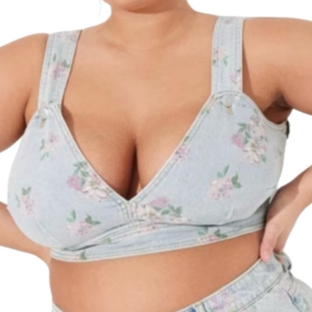 #326. 🪷Wild Fable Floral Denim Crop Top - Blue and Pink xl NWT